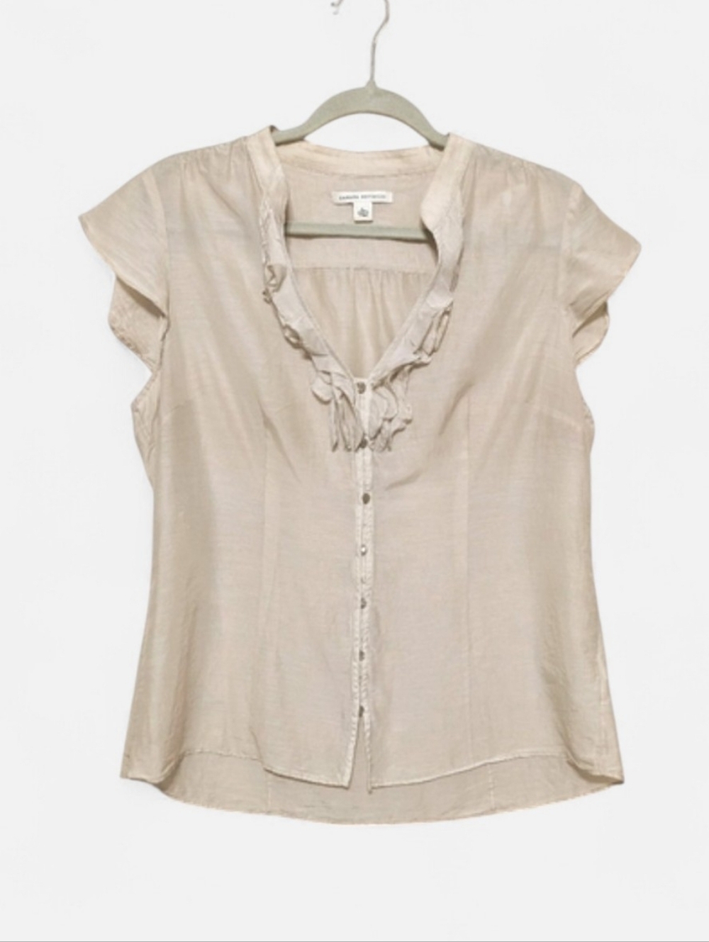 Banana Republic Cream Oatmeal Cotton Silk  Ruffle-Trim Button Front Blouse